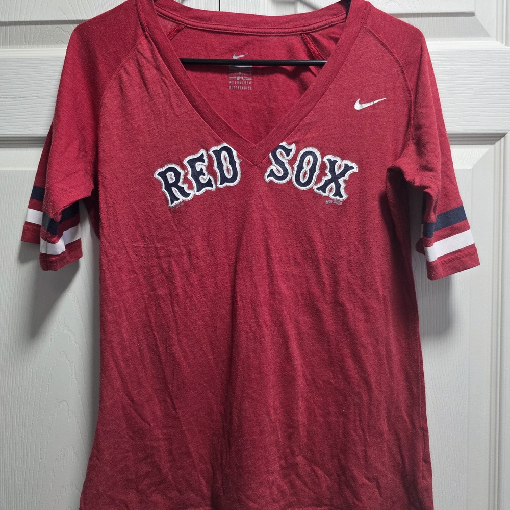Nike Red Boston Red Sox V‑Neck Tee with Navy & White Sleeve Stripes